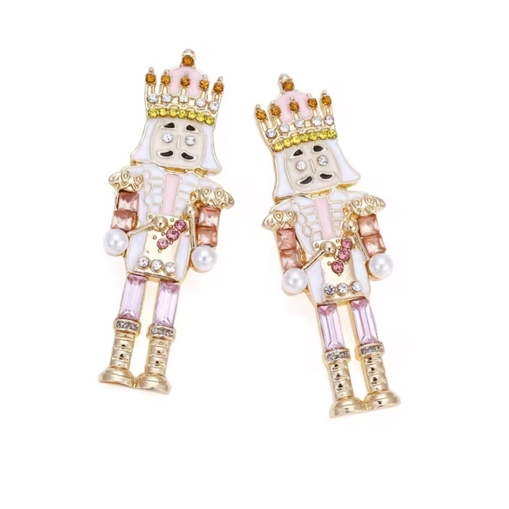 Pink Nutcracker Earrings – Holiday Statement Jewelry with Crystals & Pearls - Picture 6 of 8